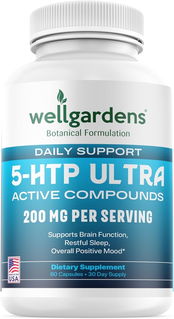 100% Pure 200 MG 5-HTP Ultra for Healthy Sleep and Sense of Wellbeing - Support Mood, Stress, Sleep - 5HTP Supplement with Calcium - 60 5HTP 200mg Capsules, 30 Servings