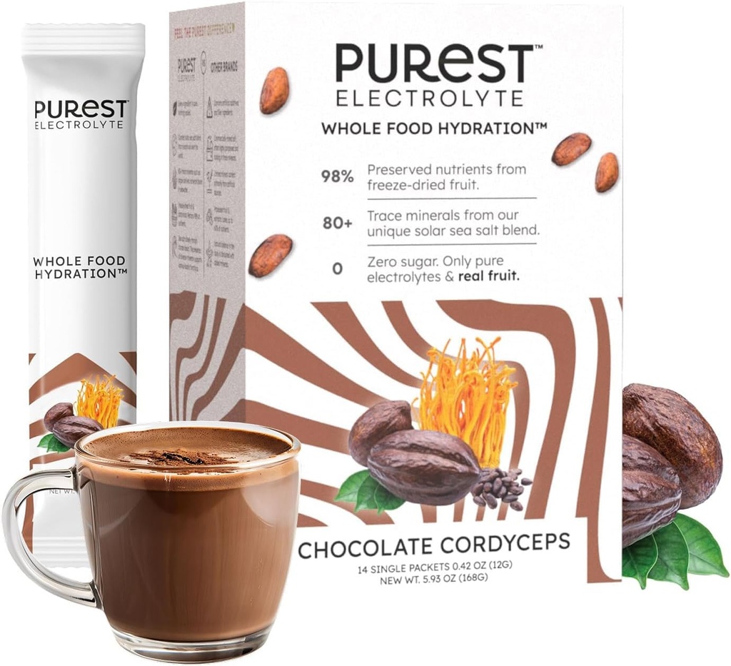 Know Brainer Purest Electrolyte 巧克力 Cordyceps 粉末包 — 全食品水分 — 发酵的卡考和太阳海盐用于超电解平衡