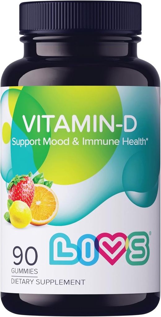 LIVS 维生素D3 女性和男性2000年维生素IU – Vegan Vitamin D3 骨骼,牙齿和免疫支持的补充 – 与天然柠檬莓 & org Flavor 一起烹调维生素D Gummys – 90 Ct