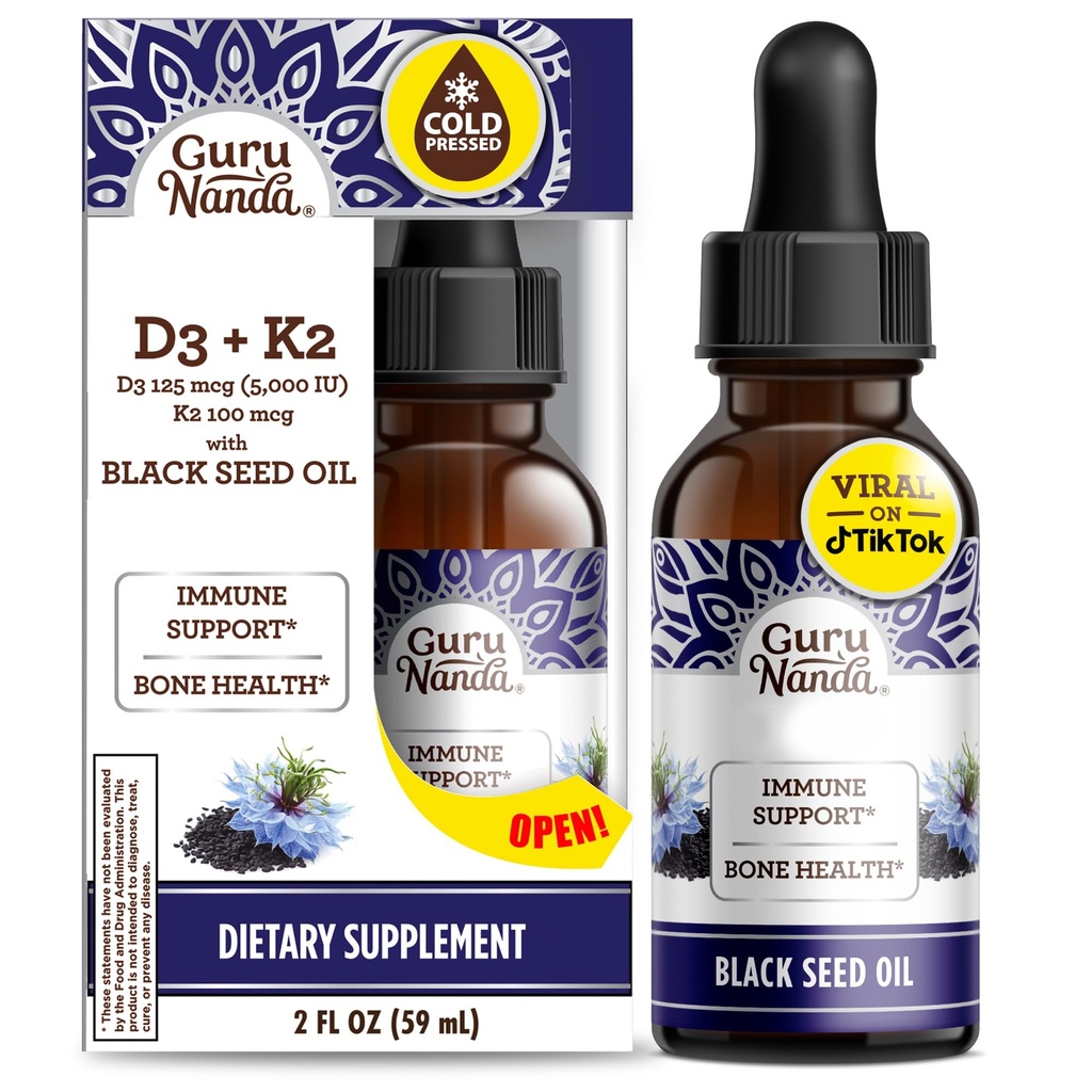 古鲁南达黑种子油,冷宠奈杰拉·萨蒂瓦-富含维生素D35000单位,K2 & E,高Thymoquinone → 抗氧化剂用于免疫支持,Non-GMO,2 Fl.oz