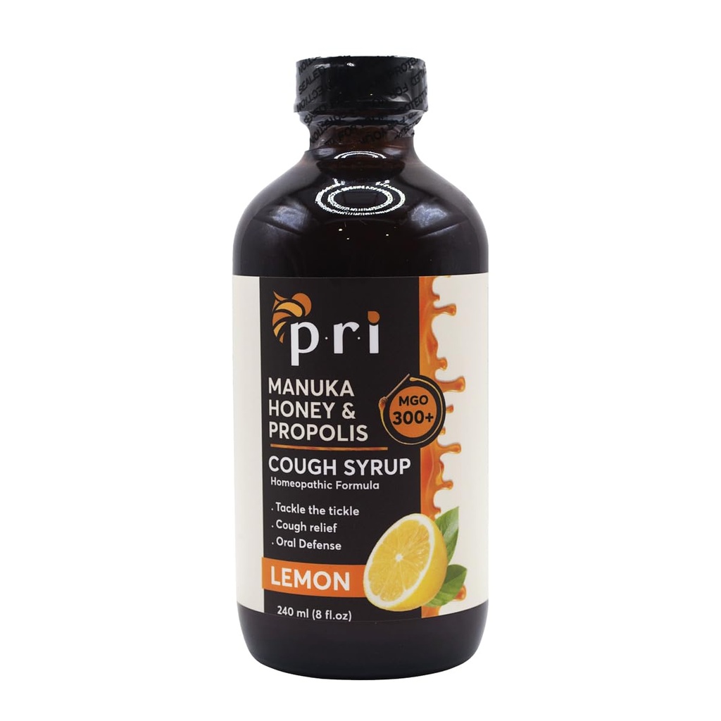 P.R.I 天然干咳糖浆加玛努卡蜂蜜,Propolis,茶树油和维生素C - 酸喉和免疫支持,Lemon Flavor, 8oz