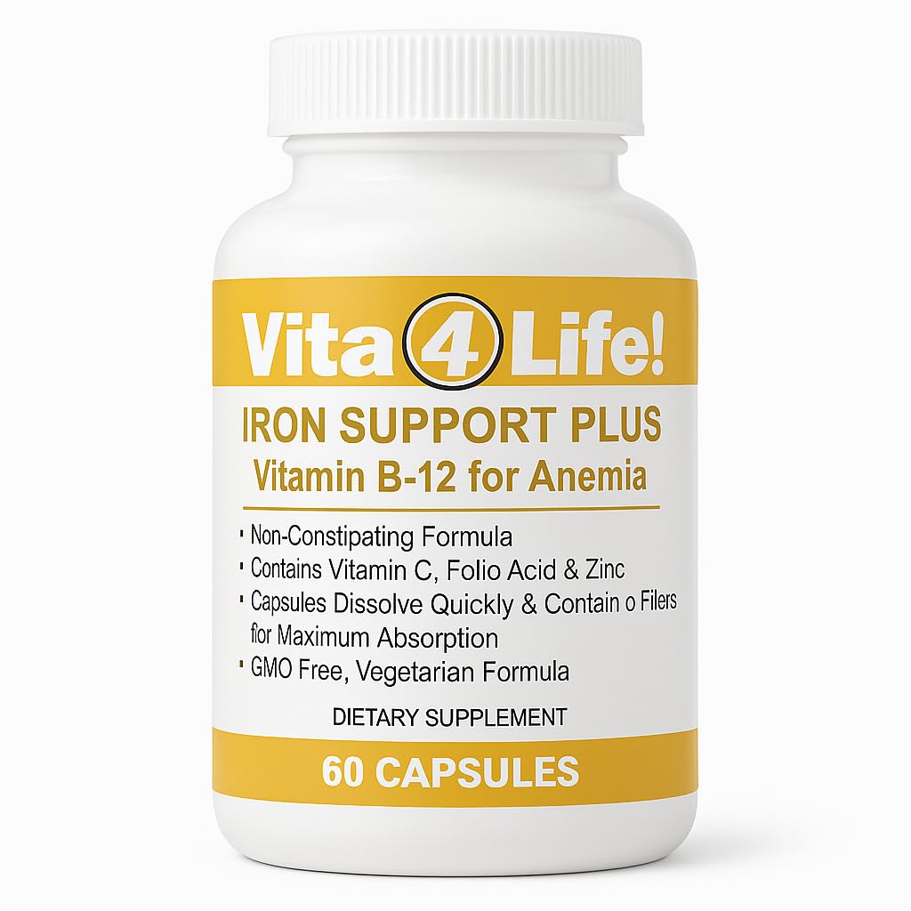 Vita4Life! ® 铁支持加 - 40mg 铁配维生素C,B-12,Folic Acid & Zinc - 60 Capsules - 红血细胞支持和能量非辅助公式 - 蔬菜和GMO-无
