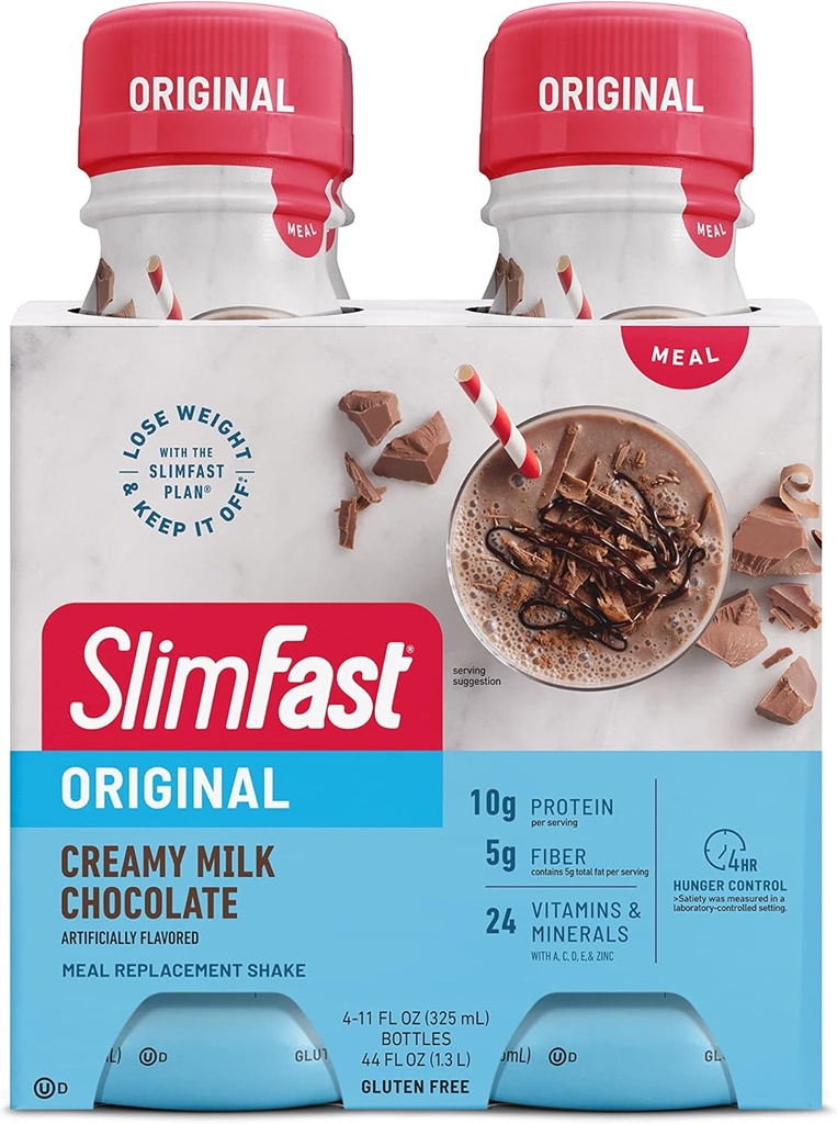 SlimFast Meal Explain Shake,原产奶巧克力,10g 准备饮用蛋白质减肥,11 Fl. Oz瓶,4 Counter(包装5月Vary)