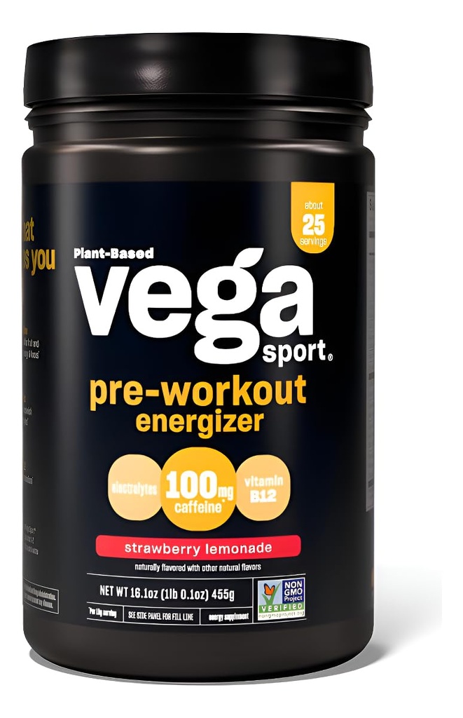 Vega Sports 预战能量器 草莓柠檬汁 - 预战男女粉,支持能量和焦点,电解质,Vegan,Keto,Gluten Free,非转基因生物,1.1磅