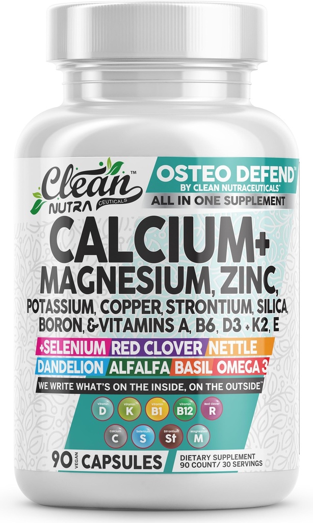 Allin1 镁锌钙加钾,铜,Strontium,Silica,维生素D3 K2,Boron,维生素B1 B12 红克洛弗草药 阿尔法尔法巴西尔药丸 男女清洁 Nutra Osteo 保卫