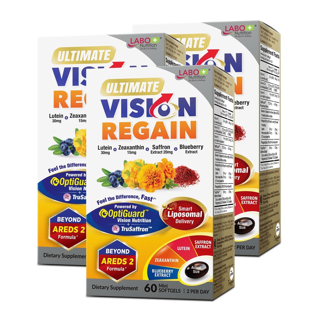 LABO 营养 终极视觉(Ultimate Vision REANE), 眼维生素 Beyond AREDS 2 配有 Lutein, Zeaxanthin, Saffron 提取器, 蓝莓用于 Macular 和视网膜健康, 眼 Fatigue, 夜视支持 60 countsx3