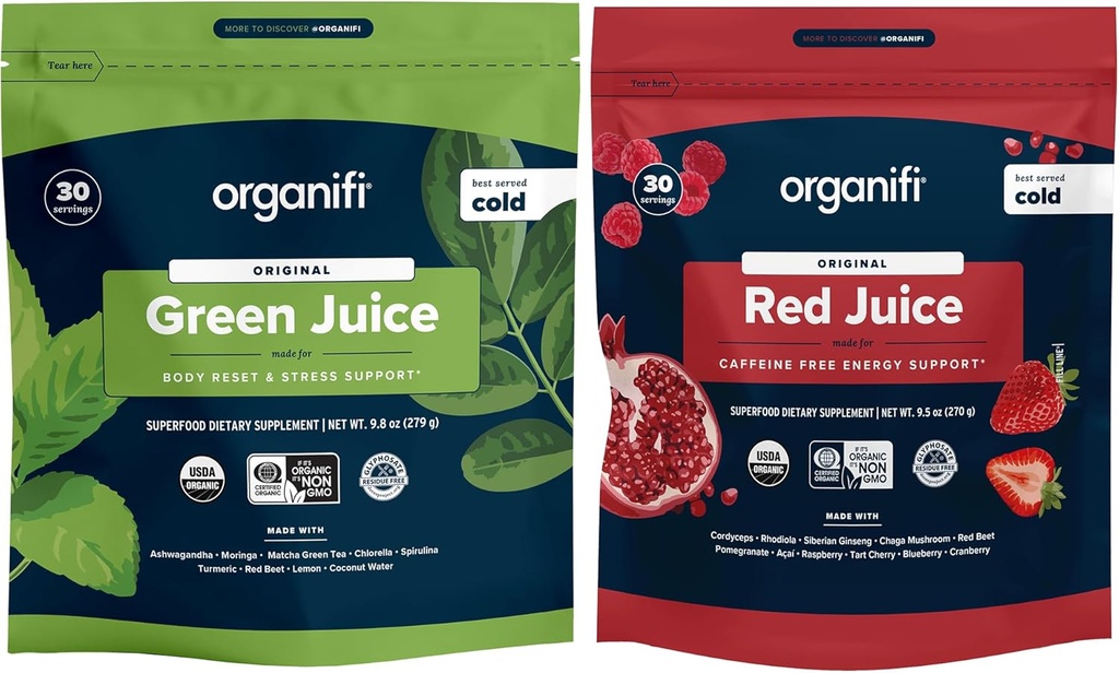 Organifi Green Juice and Red Juice Bundle - 30 Day Supply - Delicious, Refreshing Organic Superfood Supplement Powder With Antioxidants for Energy and Stress Relief Support - No GMO, Gluten, or Soy