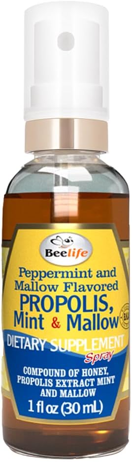 蜂生命 Propolis Throat Spray – 舒舒蜜,薄荷和Malva – 天然免疫支持 & Sore Throat Relief, 抗氧化剂,富含Flavoids & Artepillin C, 无糖,无糖 - 1-Pack, 30ml