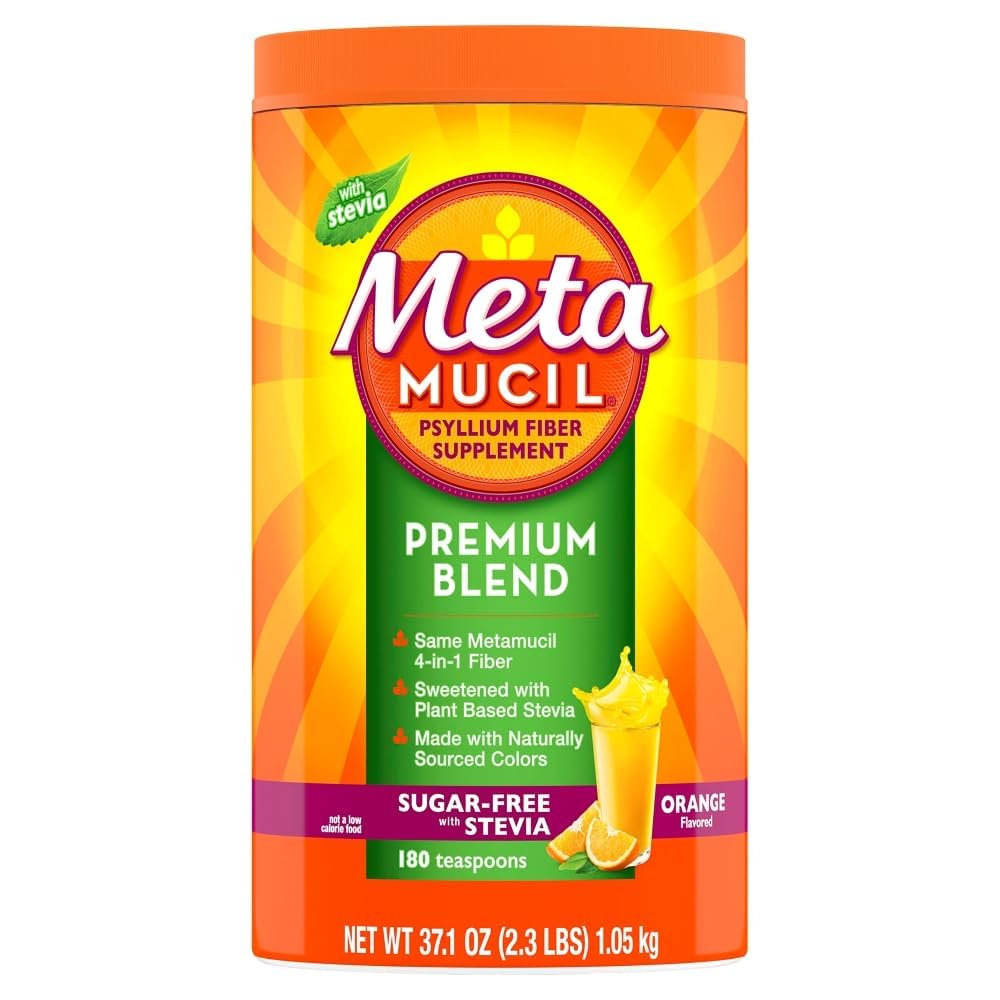 Metamucil Premium Blend, 4-in-1 Fiber 消化健康补编, Psyllium Husk Fiber Powder, 无糖与Stevia, 植物纤维补编, 橙色火焰, 180 茶叶