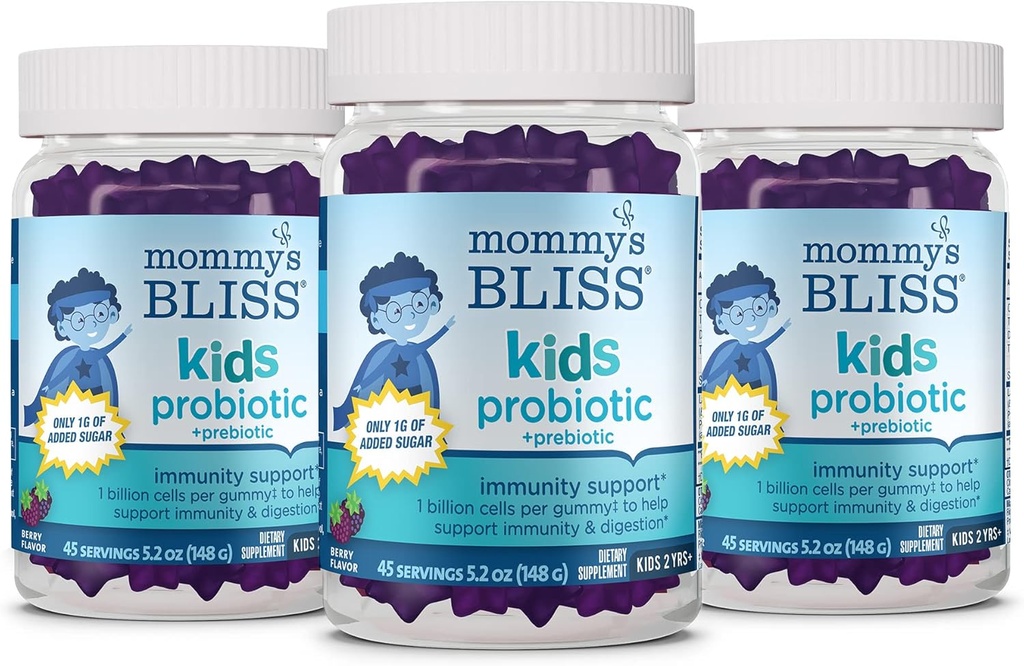 妈妈的Bliss儿童 Probiotic + Prebiotic Gummys,支持儿童2年+的豁免和文摘,减糖,美味的Berry Flavor, 45 Counter (Pack of 3).