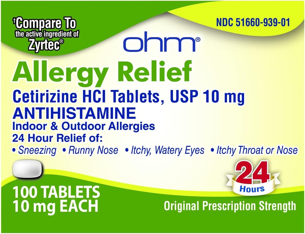 Ohm Cetirizine 10 mg 片 - 全天过敏救济 - 100 计 - Hay Fever, Pollen, Dry 痒眼 - 全天过敏救济