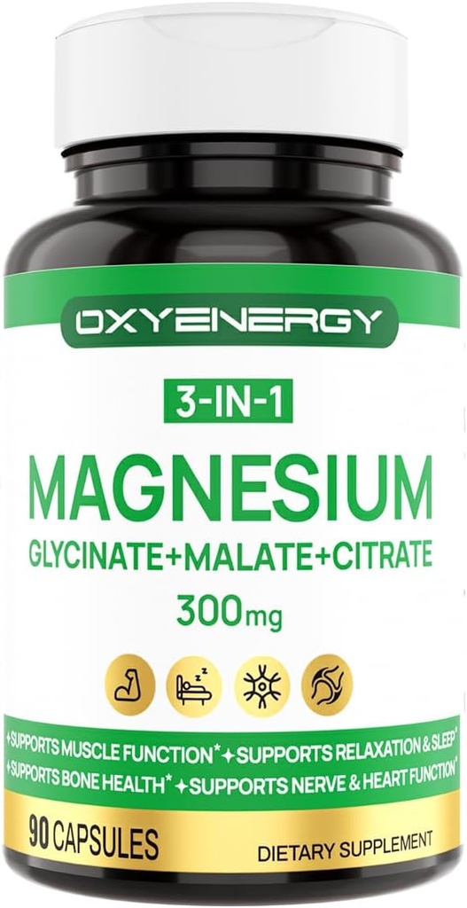 OXYENERGY 3 in 1 Magnesium Complex, Triple Magnesium Capsules 300mg 与 Glycnit Malate Citrate, Chelated, Vegan, 高吸收性和生物利用率, 90 Capsules