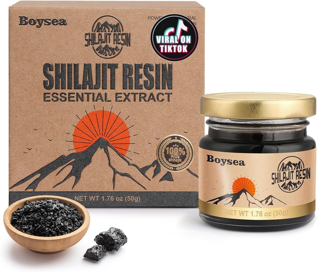 Boysea Shilajit Resin → 600 mg 80+ Services → 85+ 跟踪矿物和75+ 富尔维酸用于聚焦和能源 → 零糖 → 纯金 Shilajit 用于男女 - 1.76 Oz