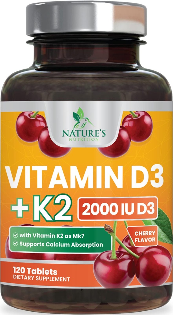 维生素D3 K2 2000 IU Plus 加上 K2(MK-7) 75 mcg - 维生素D & K 复合剂补充剂,用于骨,齿,肌肉,钙吸收,支持免疫和心脏健康,非GMO可嚼配方 - 120片