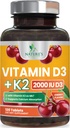 维生素D3 K2 2000 IU Plus 加上 K2(MK-7) 75 mcg - 维生素D & K 复合剂补充剂,用于骨,齿,肌肉,钙吸收,支持免疫和心脏健康,非GMO可嚼配方 - 120片