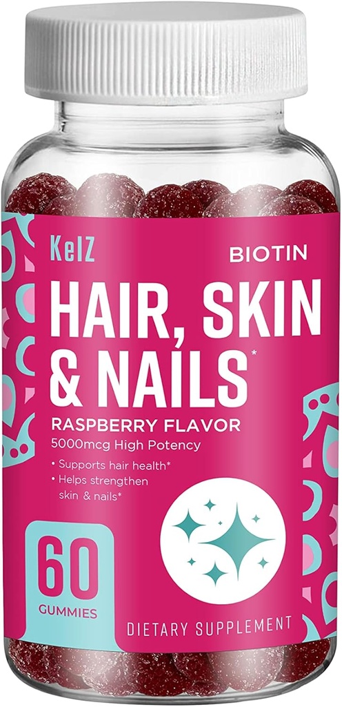 KelZ Biotin Hair, Skin & Nails Supplement Gummys, Raspberry Flavor, 60 Countries (Pack of 1) (英语).