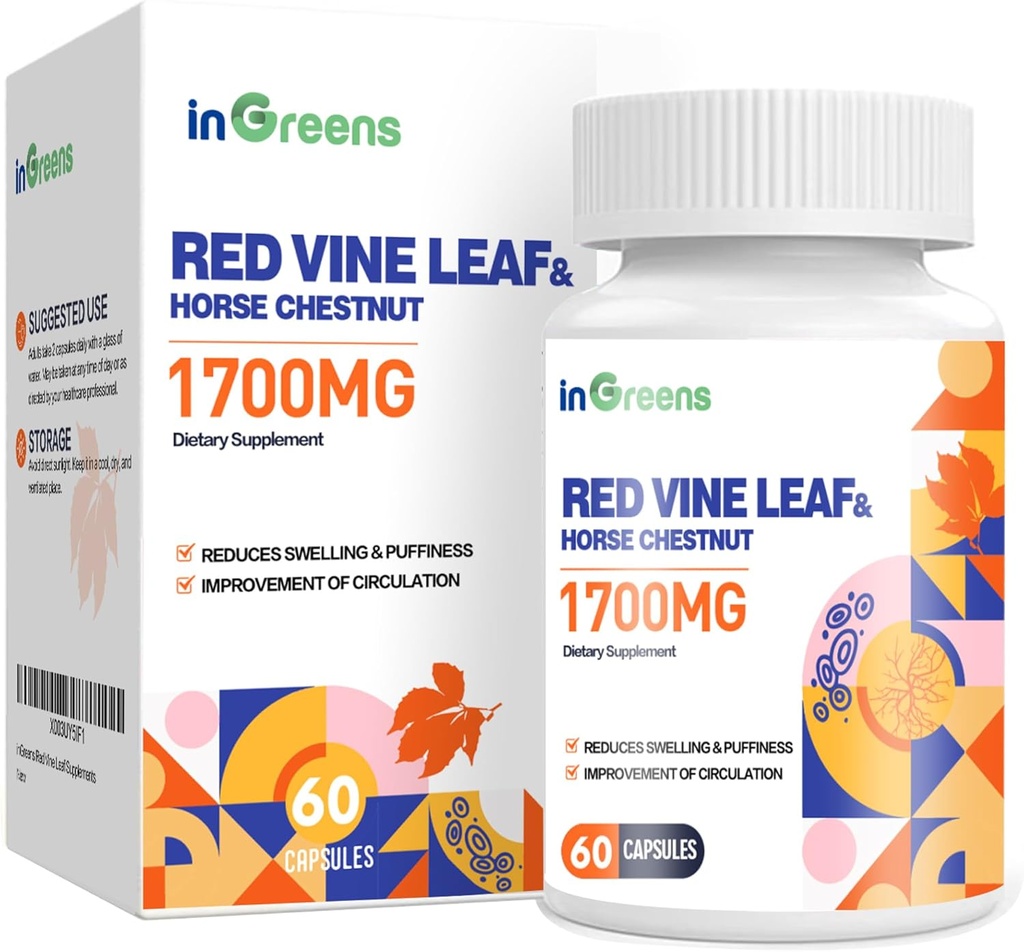 Red Vine Leaf 摘录 1700mg & Horse Chestnut 摘录 补充,支持 Vein, 皮肤健康, 流通的腿(1Pack)