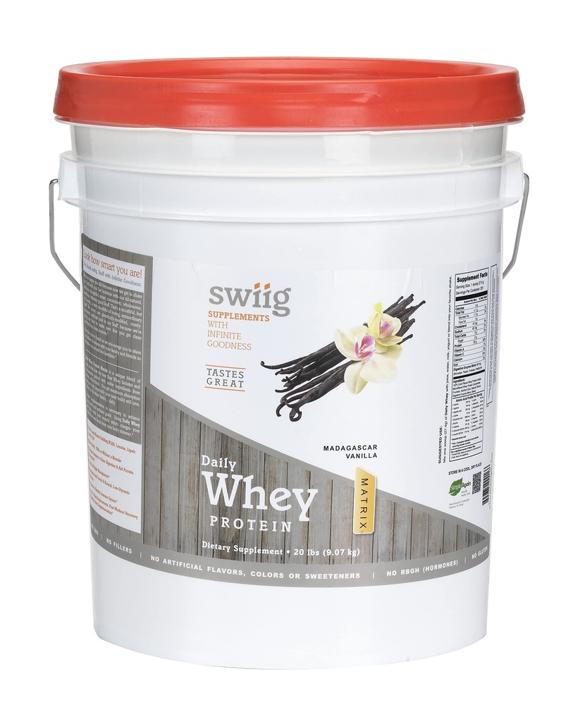 Swiig Premium Daily Whey Matrix, Vanilla 20lb – 20g 蛋白质/用氨基酸进行肌肉复苏 – Gluten-Free,非GMO,无填充器,无人工火焰
