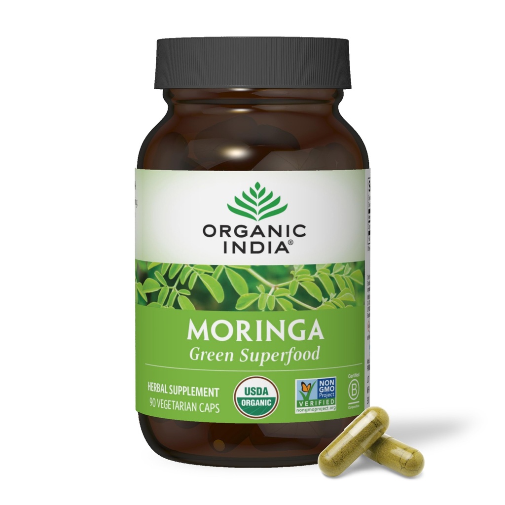 ORGANIC INDIA Moringa Capsules 有机 - Moringa 补充 - Green Superfoods, Moringa Leaf Capsules, Pure Supergreen, Vegan Greens, Nature 的多维他命, Vegan, Gluten-free - 90 Capsules