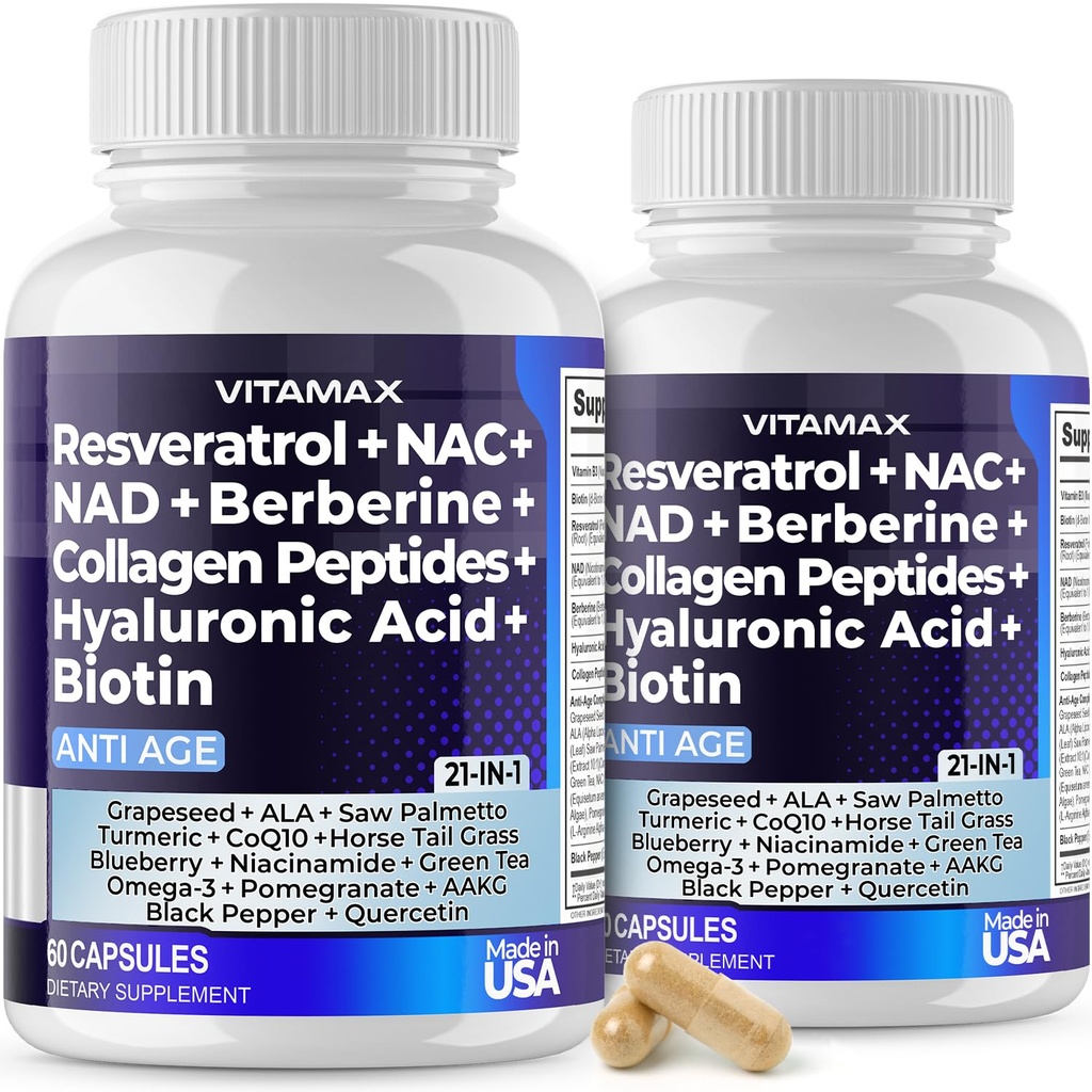 Vitamax Resveratrol NAD+柏柏林 Hyaluronic Acid - Biotin Grape & Blueberry + NAC - Collagen Peptides - 头发,钉子,皮肤和联合补充 - 21-in-1 妇女和男子 - 美国制造 - 120个计数器
