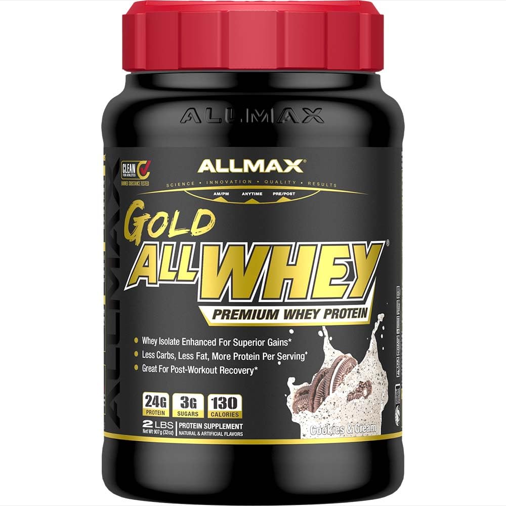 AllMAX 营养金 ALLWHEY, Cookies & Cream - 2磅 - 24克蛋白质 Per Scoop - Gluten Free, Low Carb & Low Sugar - 约30种