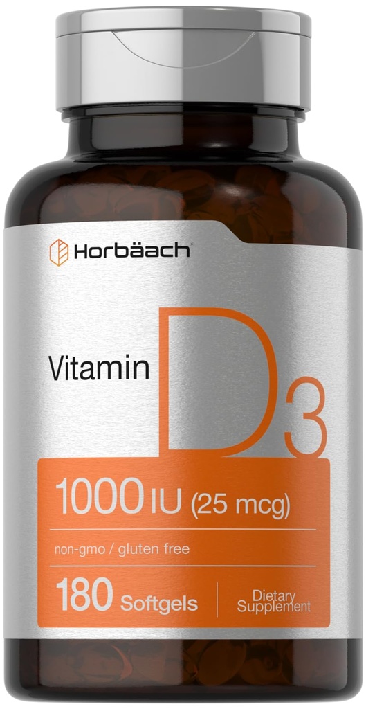 Horbäach 维生素 D3 1000IU (25mcg) 软胶 → 180 伯爵 → 高概率公式 → 非GMO & Gluten 免费补充