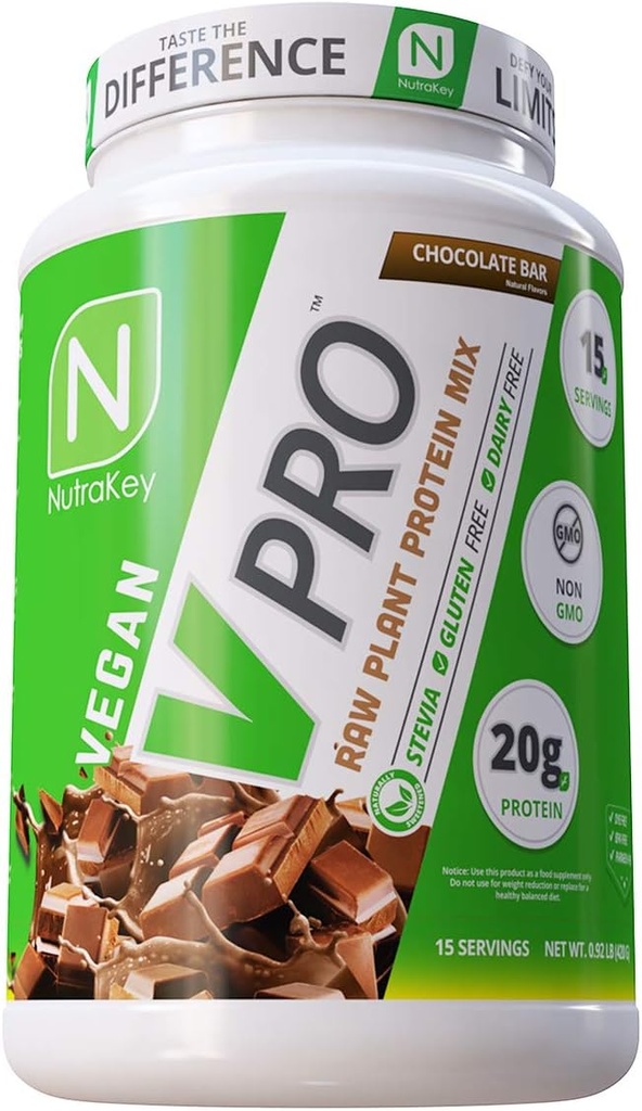 NutraKey V-Pro, Raw Plant protein Powder, Organic, Vegan, Low Carb, Gluten Free with 20g of protein (Chocolate) 2-Poun(英语:Gluten Free 配20g 蛋白质(英语:Chocolate))