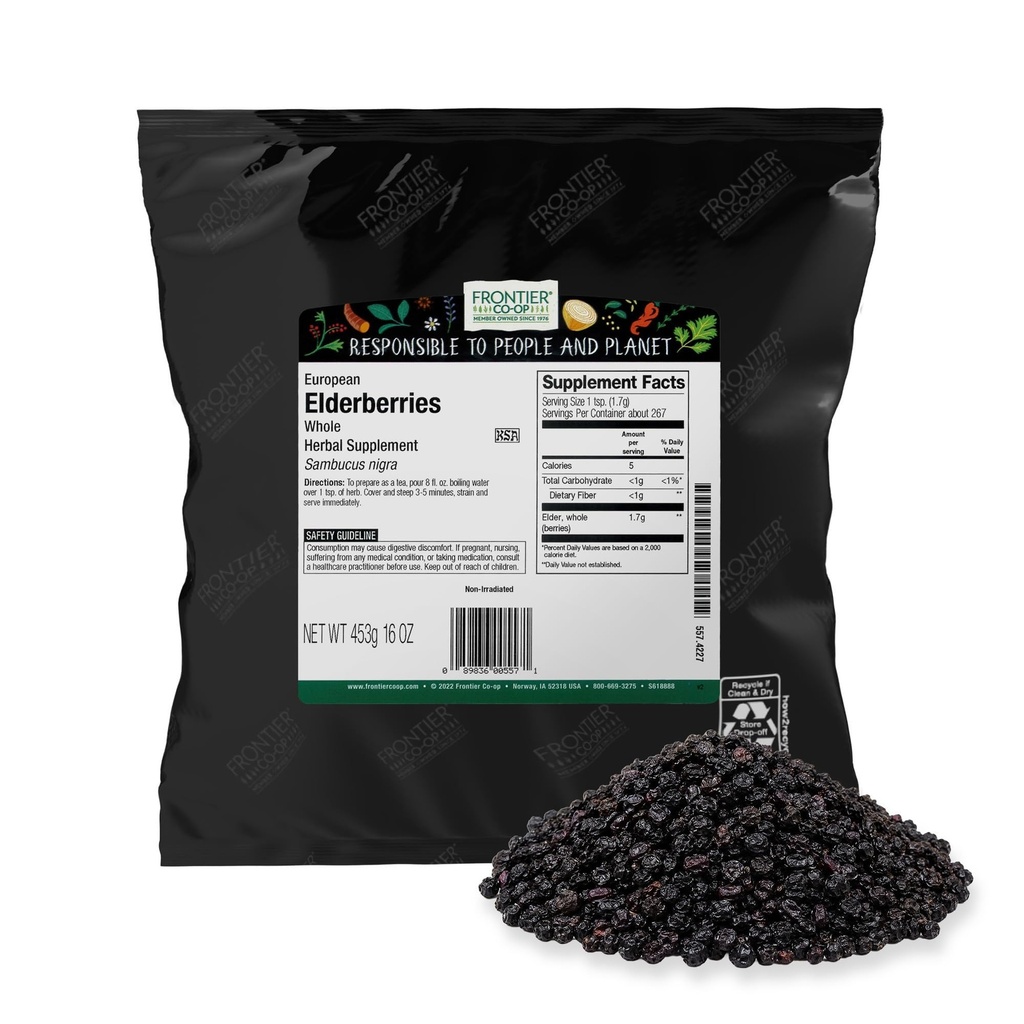 Frontier Co-op Dried Elderberry, 2lb Bulk Bag, 整体Berries - Kosher和N-GMO 草莓粉、茶和糖浆的干果