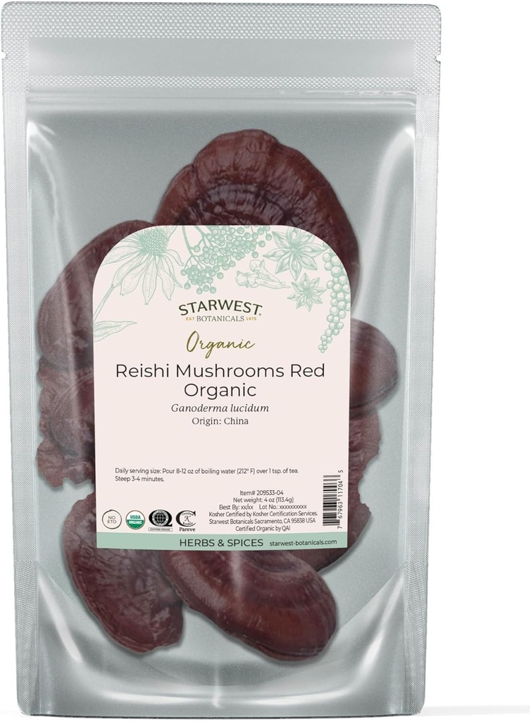 (原始内容存档于2018-09-21). Starwest Botanics Red Reishi Mushrooms 整体有机 - 草药茶和烹饪的干燥 Reishi Mushrooms for Herbal Tea & Cooking, Ganoderma Lucidum, 认证科舍, Non-GMO - 4 oz Pouch