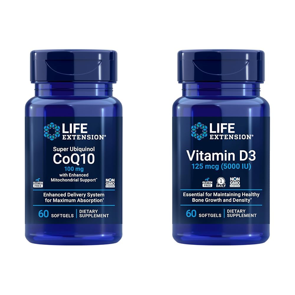 寿命延长 Super Ubiquinol CoQ10 配有增强的米托川药支持和维生素D3 125 mcg(5000 IU),骨质健康