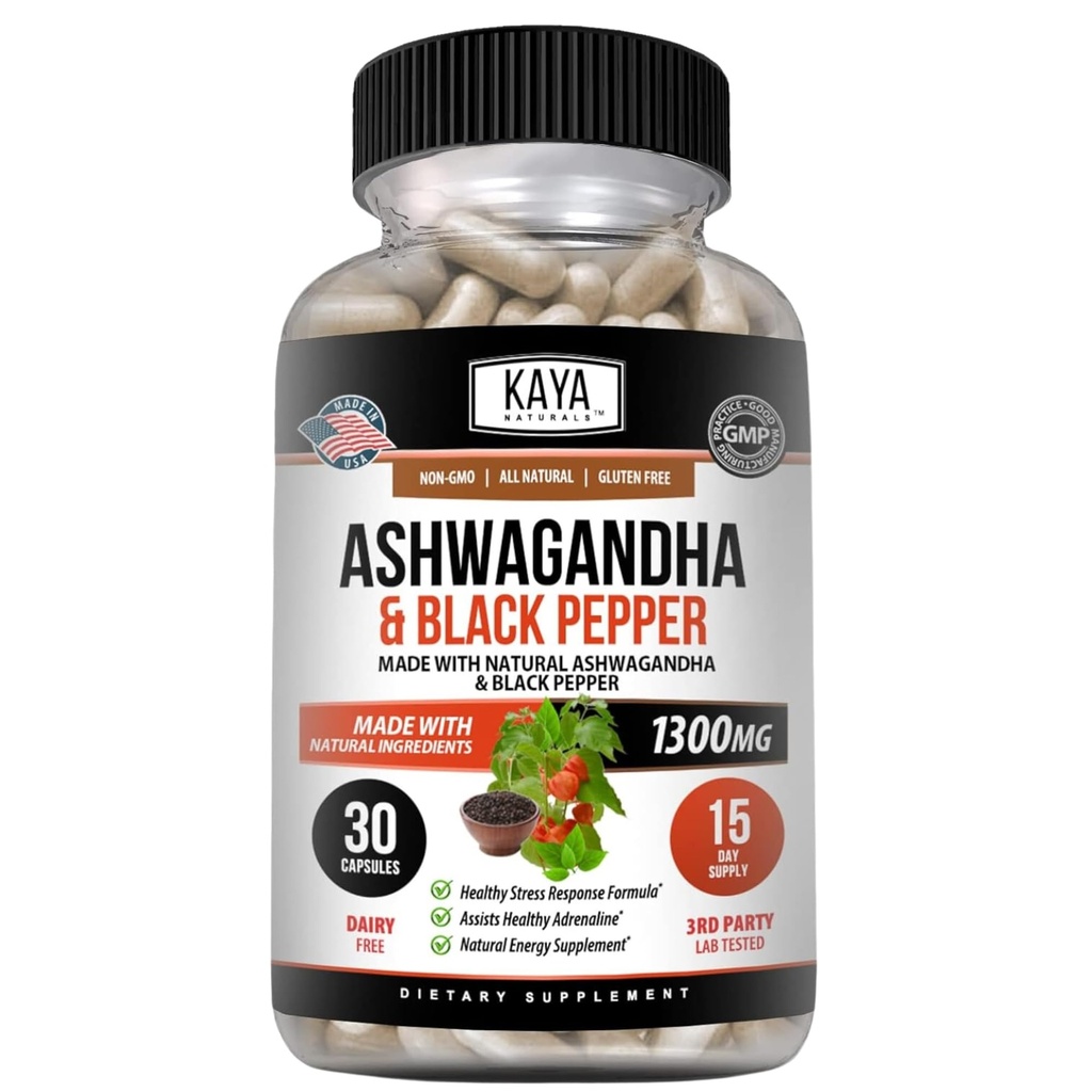 Kaya Naturals Ashwagandha Root with Black Pepper | Maximum Strength 1300mg Adaptogen Supplement, Support Adrenal, Glandular Health, Mood Relief, Focus, Energy & Vitality for Men & Women