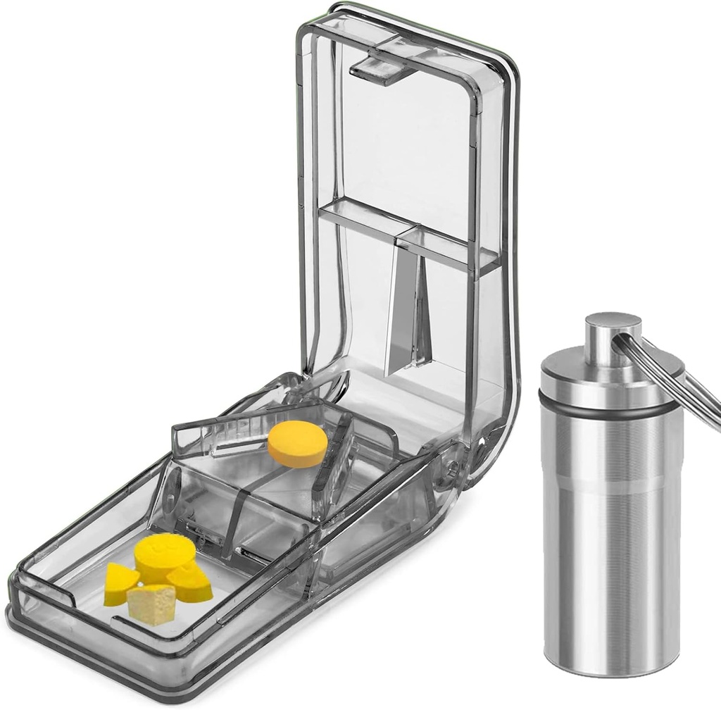 JohnBee Pill Cutter – 小型或大型药丸的最佳药丸 Cutter – 设计于美国 – 切除维生素 – 与盾牌的药丸 – 包括键链药丸持有器(Gray)