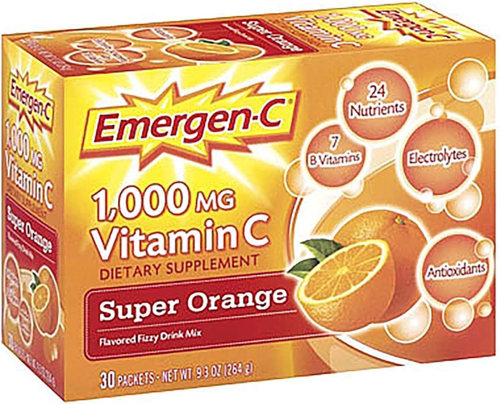Emergen-C 维生素 C Fizzy 饮料 超级橙 - 1000 mg - 0.32 Ounce Each, 30 counter (Pack of 1).