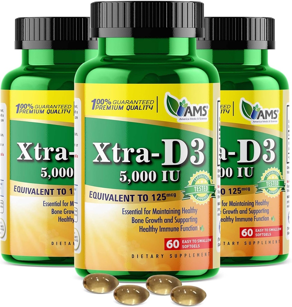 美国医学和科学 Xtra D3 维生素 D 5,000 IU(125 mcg) CHolecaliferol 男女补充(180 容易吞咽软胶) 3 packQQBest for Bone, Heart Health, Immune System Support, Lung 函数
