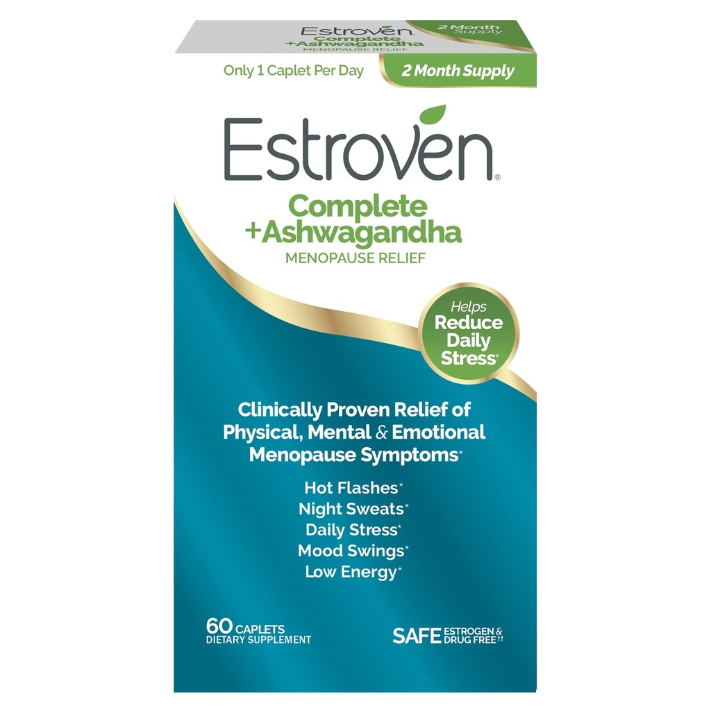 Estroven Complete + Ashwagandha 女性多症状更年期补充剂-60 Ct. - 临床证明的食品 提供更年期救济和夜间汗水 + 热闪性救济* - 无毒品和非GMO