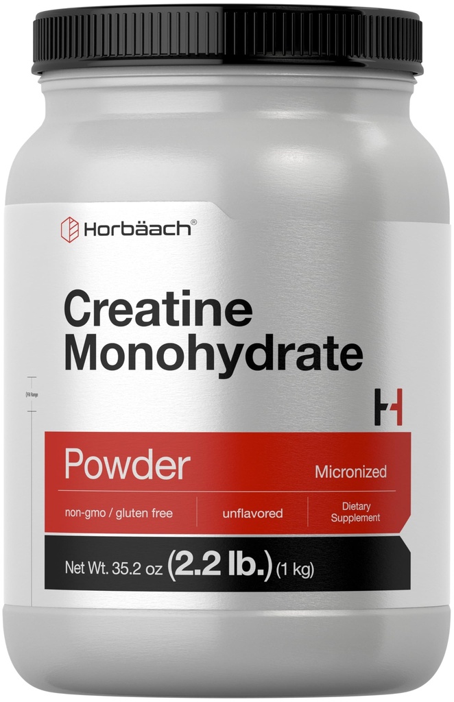 Horbäach Creatine Monohydrate Powder → 2.2lbs (35.2 oz) → 微量化和不味化 → 蔬菜、非GMO 和 Gluten 免费补充品