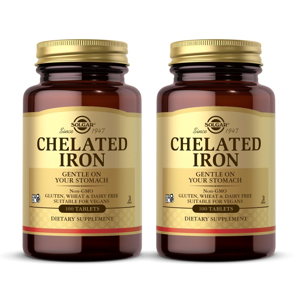 Solgar Chelated Iron - 100块牌匾,包2块 - 胃上的温柔 - 非GMO, Vegan, Gluten Free, 乳品自由, Kosher - 200 总服务
