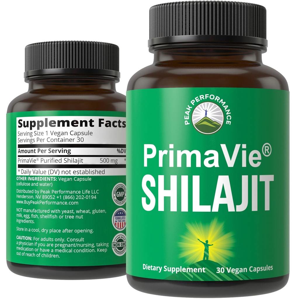 PrimaVie Pulized Shilajit Capsules 配以纯希拉吉特粉末制作. 临床试验的天然补充物有40+痕量矿物,富尔维酸. 平板电脑支持 Mitochondria + 大脑函数