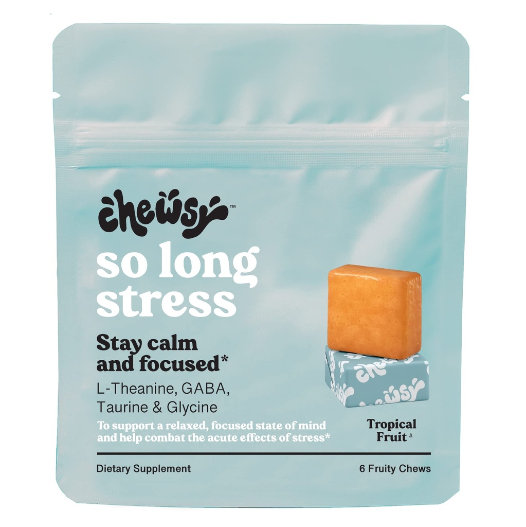 Chewsy So Long pression, calm 水果 Chews, 保持冷静和专注. w/L-Thenine,氨基酸,GABA,Glycine,Tyrosine,Taurine & 镁. 非GMO和Gluten-Free. 热带水果蔬菜,6天供应