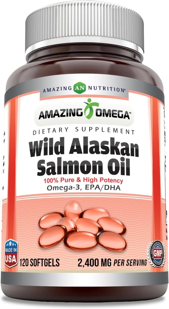 惊人的奥米加野生阿拉斯加沙门油(Omega-3,EPA/DHA) 补编 ^ 2400 Mg Perervice → 120 Softgels → Non-GMO → Gluten-free → → 在美国制造