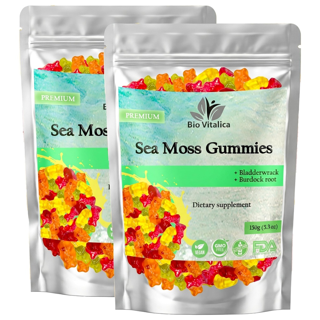 BIO VITALICA 海 摩斯 古米 – 与 Bladderwrack & Burdock Root – Wildcrafted Gel + 粉末 – Vegan, Keto, Non-GMO, Gluten-Free – 果实矿物 – Rich Gummys – 50 Counter (2 Pack).