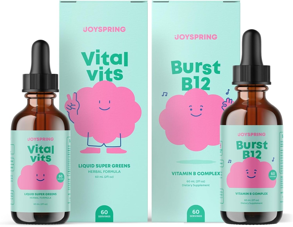 JoySpring Daily Multivitamin & B Complex Bundle 儿童维生素自然来源,非GMO,非酒精液体配方,豁免健康支持 QQ Vegan & 蔬菜补充