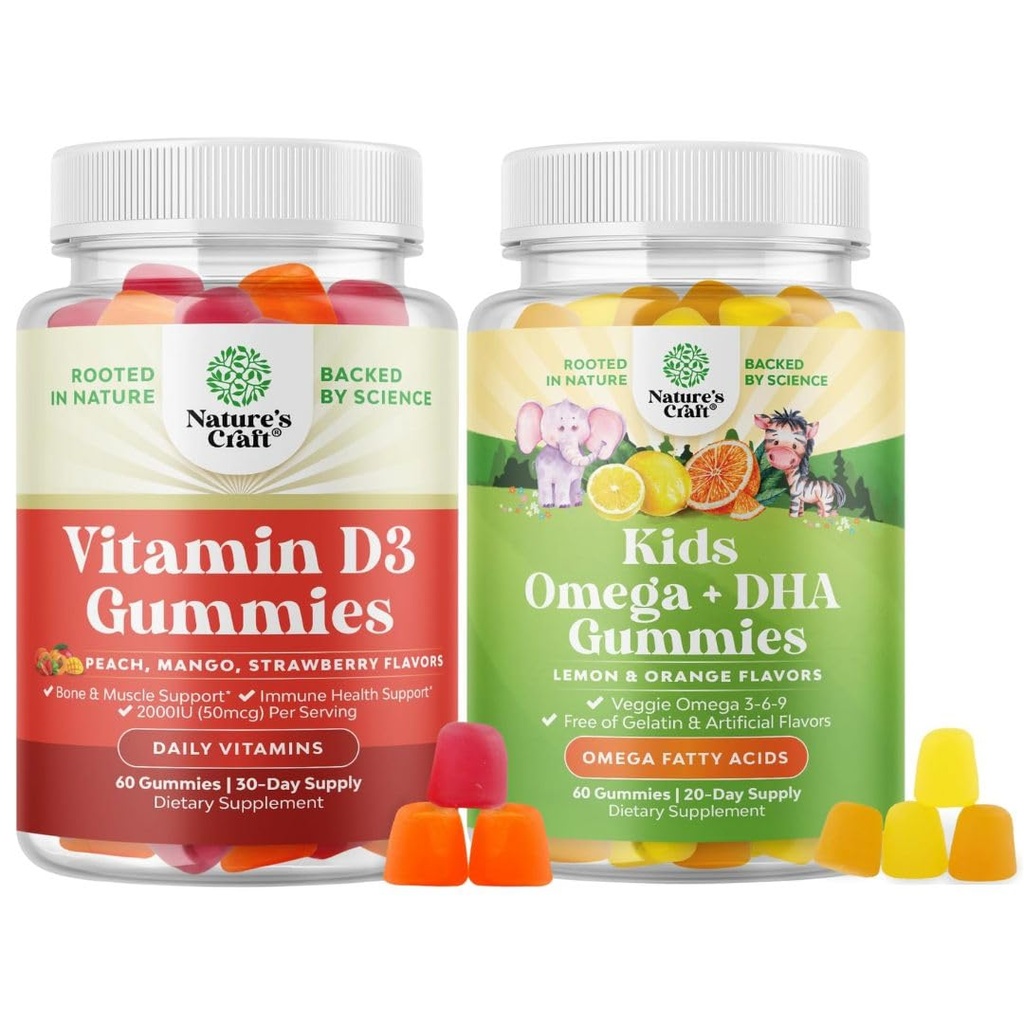 每日健康用维生素D3胶囊装配2000IU/服务骨骼和免疫支持及儿童 DHA Omega 3 Gummy-肥酸 Omega 3 6 9 脑,免疫强力和视觉