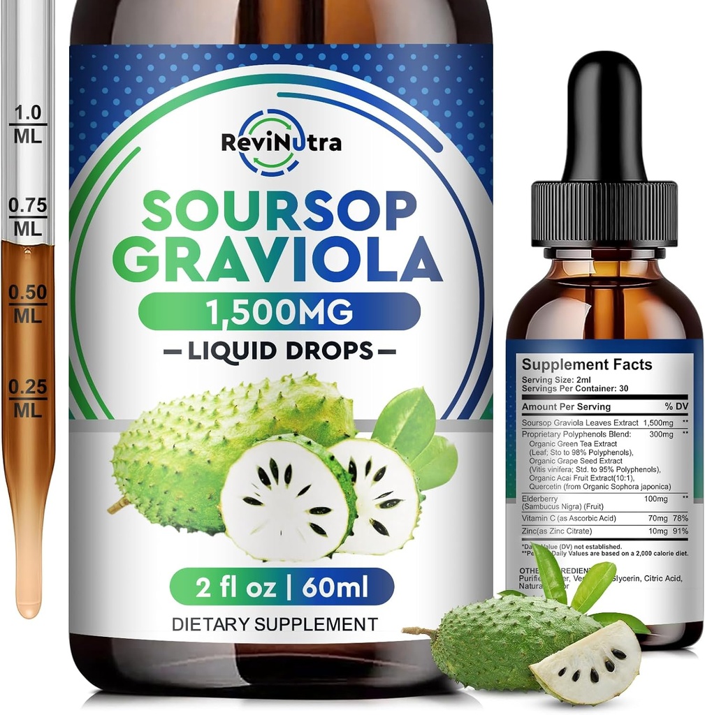 Soursop Graviola液滴 - 8 in 1 Organic Soursop 提取物,配有:老莓, Quercetin, Soursop Bitters 液滴补充剂, 草药 Soursop Oil Graviola Leaf Tincture, 2 Fl Ozt