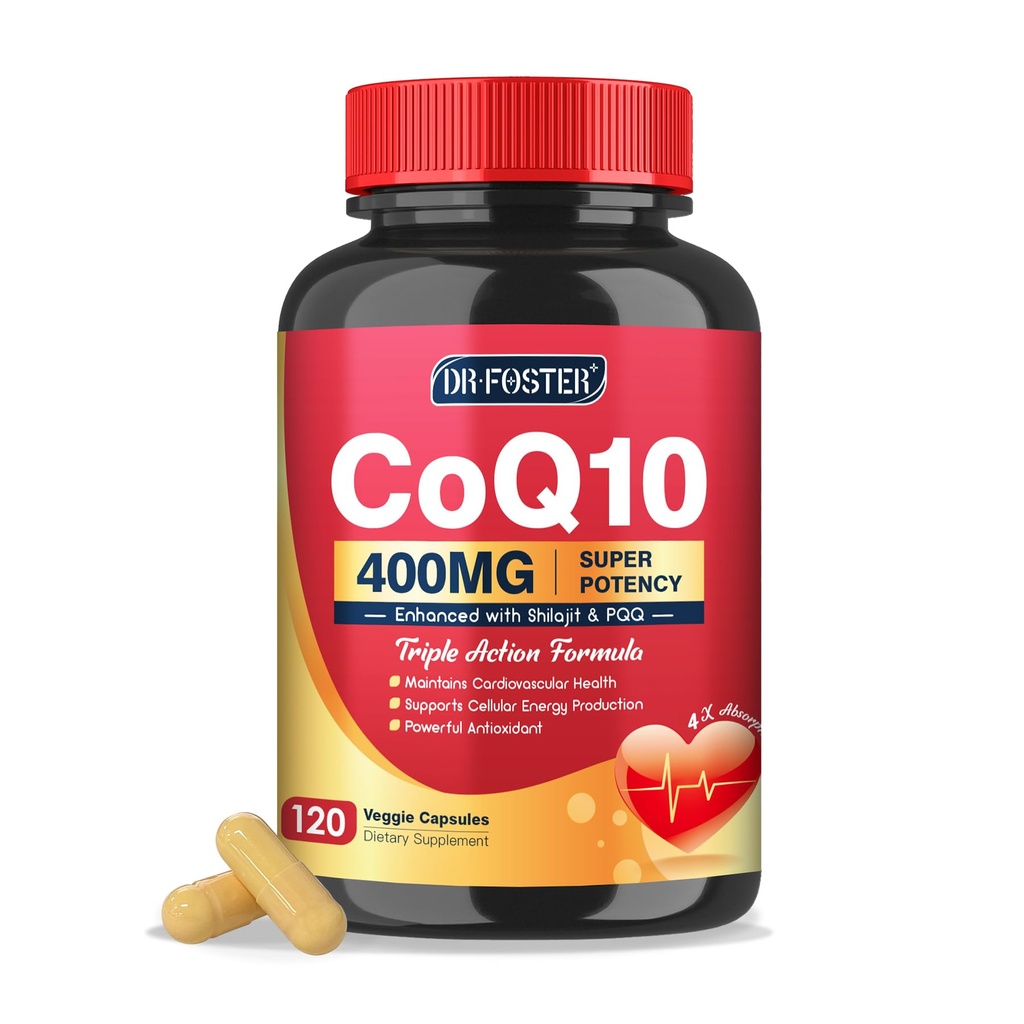 DRFSTER CoQ10 400mg-高吸附共聚体 Q10 配有 PQQ, Shilajit & Vitamin E, 强大的抗氧化剂用于心脏和脑健康以及能量生产 120 Veggie Capsules