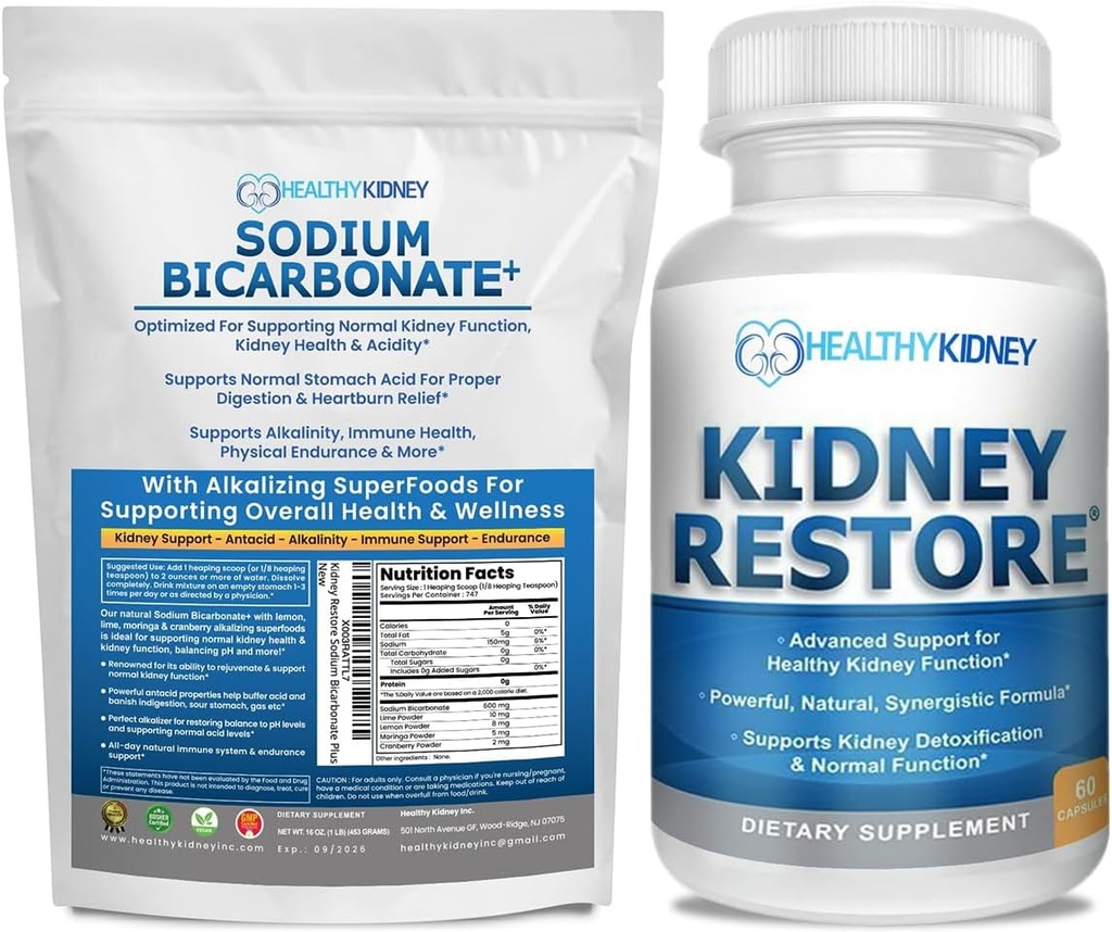肾还原有机钠 Bicarbolate Alkaline 补充 1LB Cleanse 60 Caps Bundle – 支持肾健康,中和胃酸,Alkaline超级食品,免疫支持,Antacid & Vitamins f