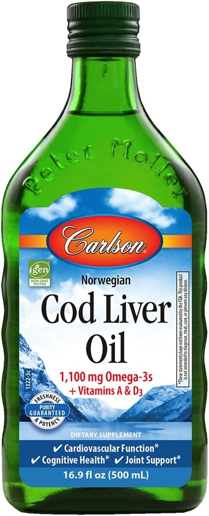 Carlson - Cod Liver Oil, 1100 mg Omega-3s + A & D3, Wild-Caught 挪威北极Cod-Liver Oil, 可持续来源的北欧鱼类油液, 不受欢迎, 500 mL (16.9 Fl Oz)
