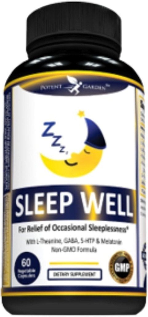 Potent Garden Sleep Well Sleep Aids 包含 Melatonin Valerian Root L-Theanine GABA & More, 天然睡眠援助 非哈比特人为成人制作睡眠援助,配有60个Veggie Caps