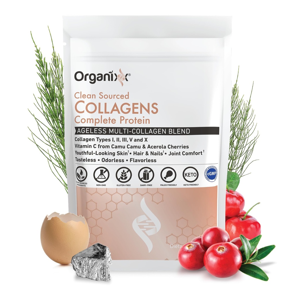Organix Collagen Peptides Powder with Vitamin C, 类型I, II, III, V, X 水解Collagen, Hair, Nail, Skin, Bone & Joint Health, 老龄化支持, 清洁源头, Gluten Free, 不受欢迎, 30 services
