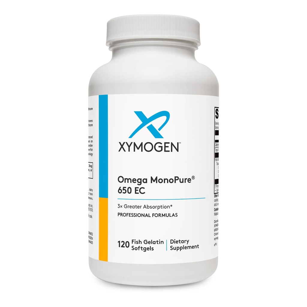 XYMOGEN Omega MonoPure 650 EC - Omega-3 鱼油补充品 供男女食用 - EPA, DHA & DPA - 小软胶 3X 更大吸收 - 支持健康心和认知(120软胶)